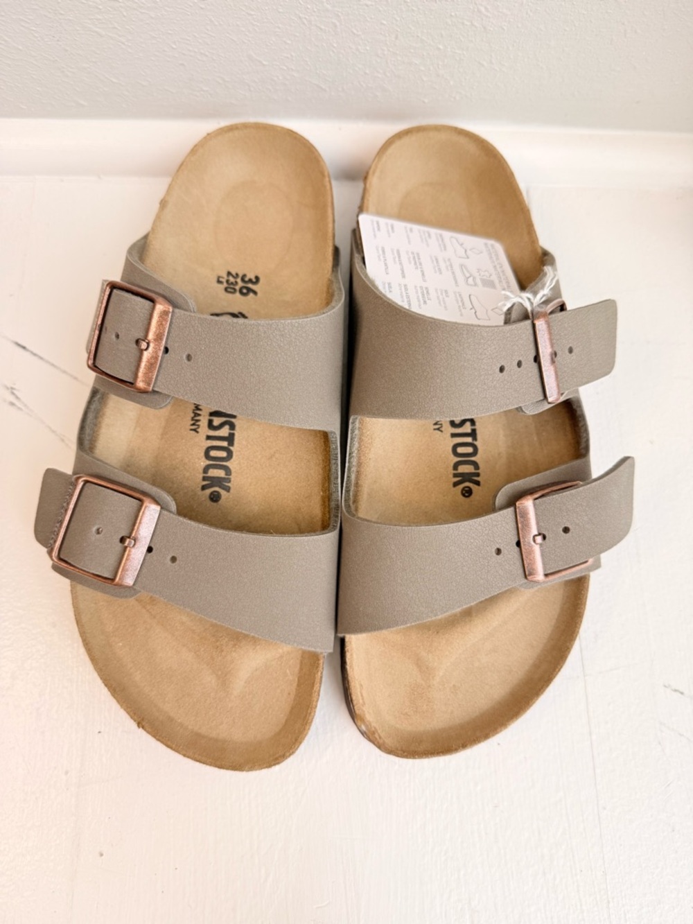 Birkenstock Arizona Sandals Taupe with Rose Gold Buckles